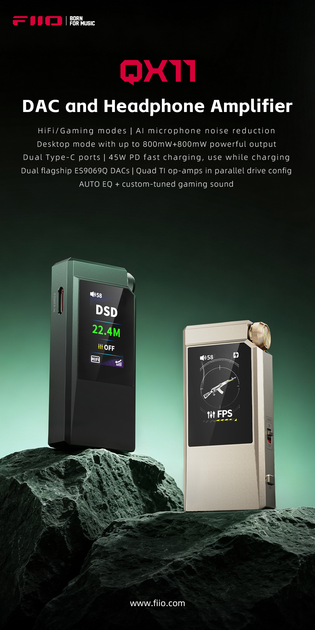 FiiO's promotional image of the QX11 in green and gold