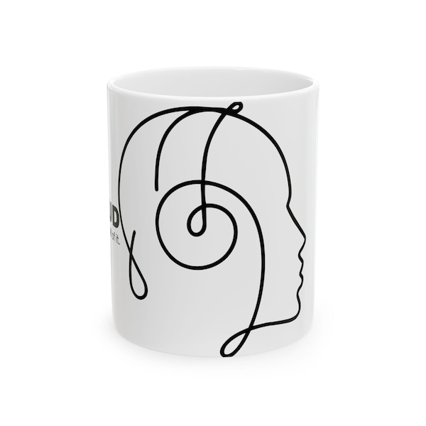 White Decaud mug with the single-line headphone profile design