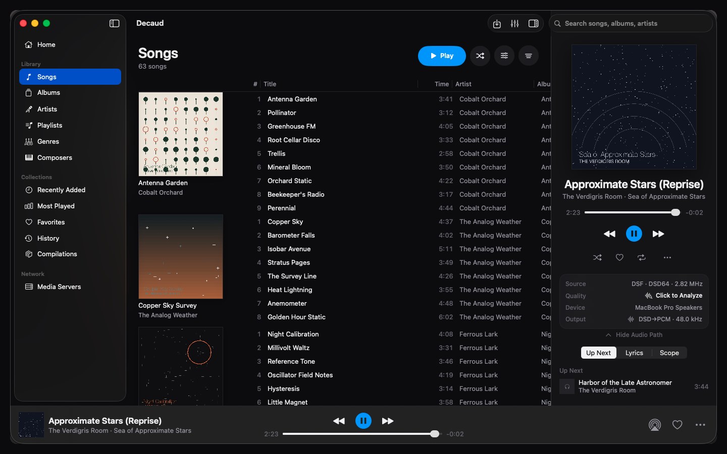 The Decaud library: album covers, the songs table with quality badges, and the now-playing rail