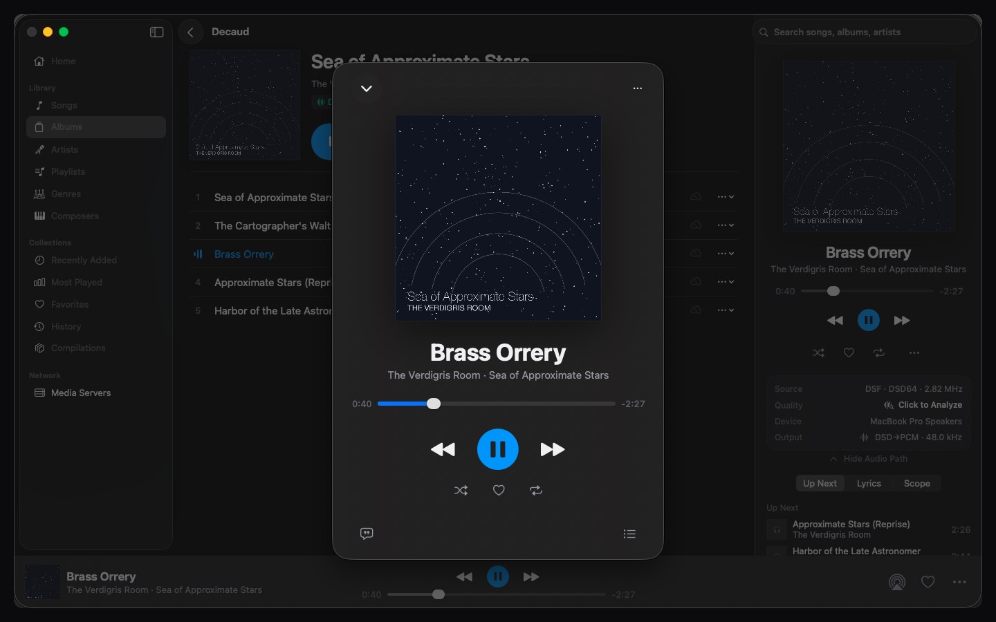 Now playing with the source, quality, device, and output chain