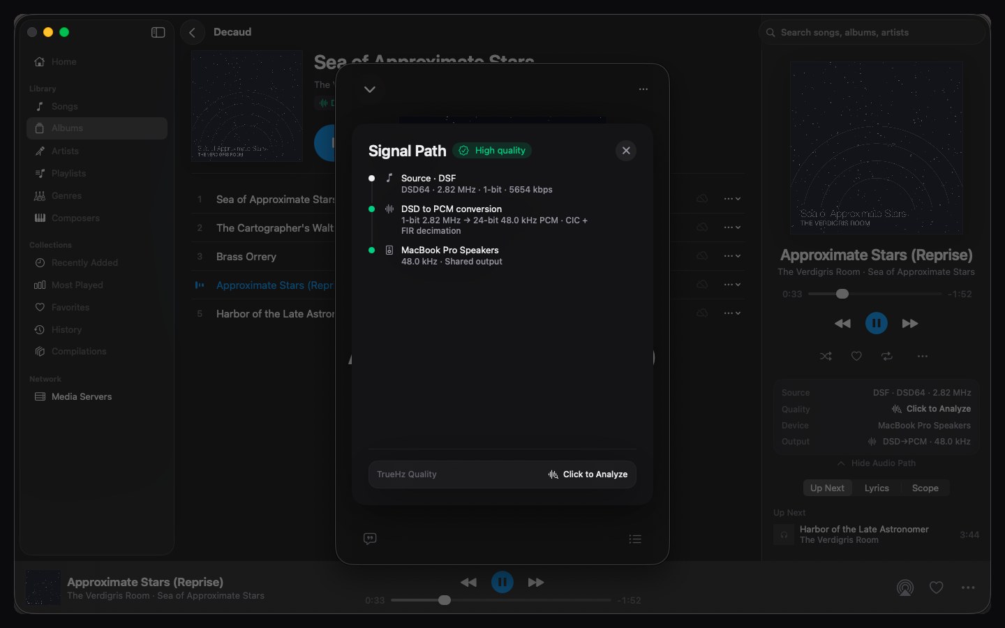The signal path: every stage between file and device with a per-stage verdict